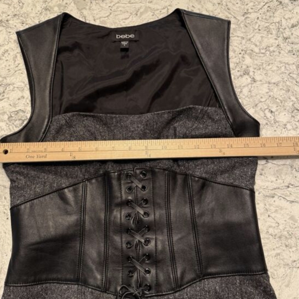 Bebe Vintage Y2K Real Leather Corset Wool Midi Pencil Dress Gray Tweed Size 8 - Picture 7 of 11